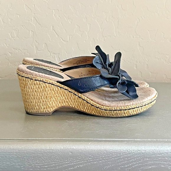 Born Concept BOC 6 Black Leather Flower Platform Wedge Thong Sandals - Picture 7 of 12